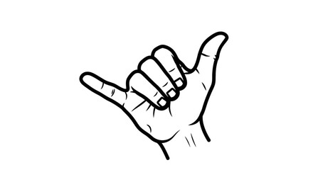 Fototapeta premium Black and white line art illustration of a hand performing the shaka or hang loose gesture, with thumb and pinky extended.