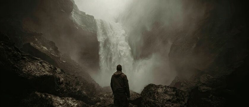Solitary figure observes majestic waterfall in misty mountainous landscape