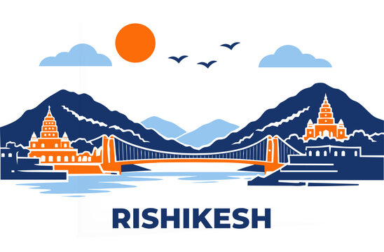 Rishikesh Skyline Flat Vector Laxman Jhula Bridge India Travel Landmark Illustration
