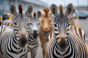 Fototapeta premium Zebras gather in a lively group at a wildlife park under a clear sky during daytime