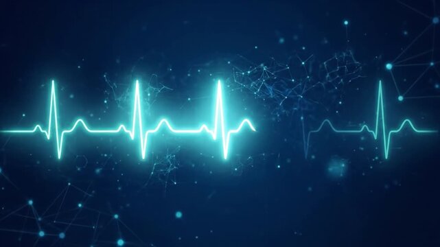 Electrocardiogram pulse line glowing blue light on dark background with heartbeat rhythm and digital network, medical technology innovation for health monitoring in cardiology wave pattern
