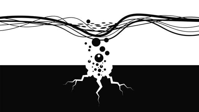 Stylized illustration of cracked ground beneath water with bubbles, depicting an underwater earthquake, volcanic activity, or geological instability.