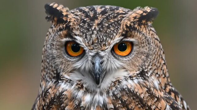 Owl with orange eyes looking around.