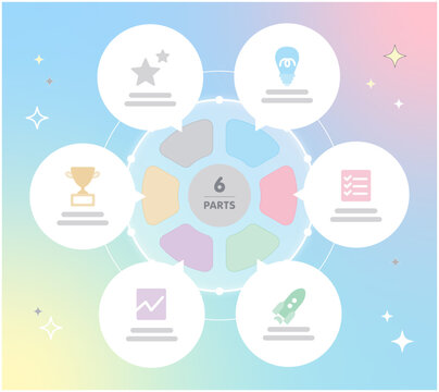 Cute pastel circular infographic 6 step diagram, complex business workflow visualization chart template vector