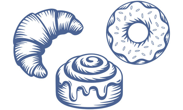 Assorted pastries including croissant, donut, and cinnamon roll, beautifully illustrated in a minimalist style to tantalize taste buds and evoke a sense of bakery freshness always.