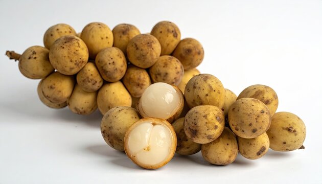 Pile of fresh langsat fruits some peeled to show translucent segments showcasing mottled skin and textures on a light surface