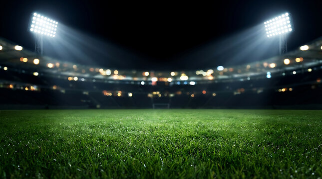 Close up of vibrant green grass on a soccer field at night under bright stadium lights, stadium lights illuminating empty stadium
