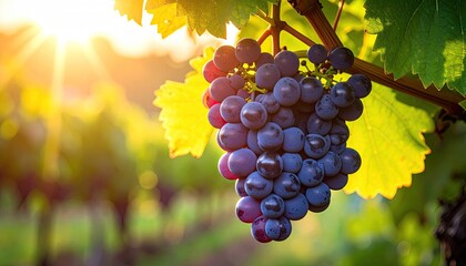 Fototapeta premium Ripe Grapes Hanging on a Vine in Golden Sunlight