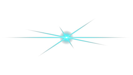 Cyan light blue anamorphic lens flare with horizontal light rays and bright central glow isolated on transparent background