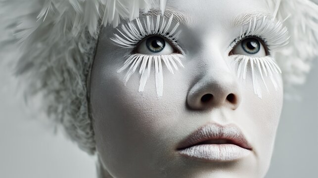 Avant garde portrait of young woman with white eyelashes and pale makeup wearing fluffy hood looking upward in soft studio light Concept of fantasy beauty