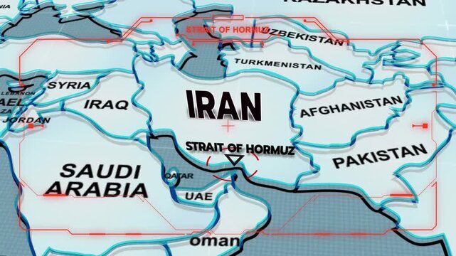 A 3D world map highlights Strait of Hormuz, and Iran, the Middle East, IRAN map, UAE map, Dubai, Strait of Hormuz, animation