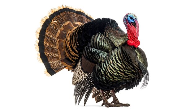 Iridescent turkey with fanned tail, red wattle, and blue head, on a bright white background