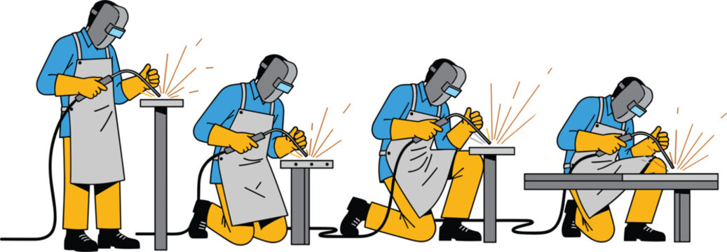 Flat vector illustration of professional welders in protective gear and helmets performing metal arc welding with sparks in various standing, kneeling, and sitting poses.