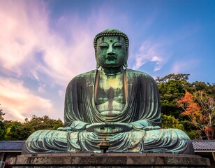 Fototapeta premium Large bronze Buddha statue at sunset