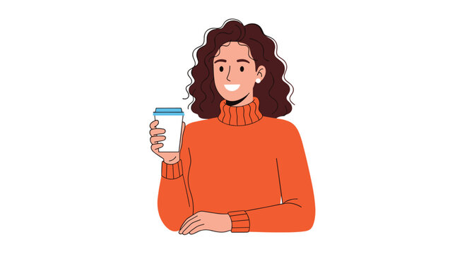 A smiling illustrated young woman in an orange turtleneck holds a coffee cup against a white background.