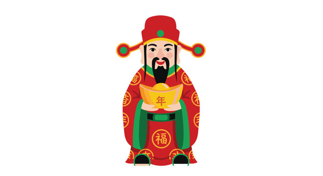 A cartoon Caishen, the Chinese God of Wealth, is holding a golden ingot in traditional red and gold attire.