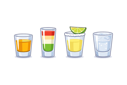 Collection of colorful layered and single shot alcoholic drinks with lime and ice