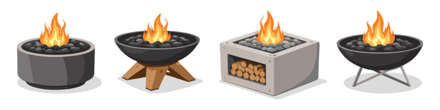 Collection of four different outdoor fire pits with flames and decorative stones