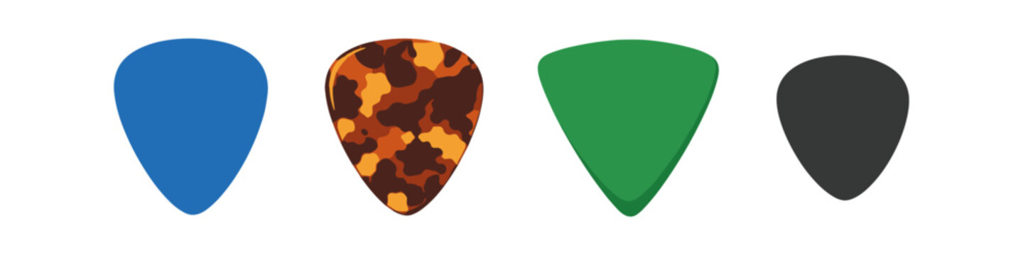 Collection of four different guitar picks in various colors and patterns on a white background