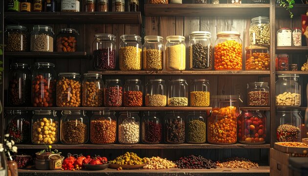 A beautifully organized pantry showcasing a diverse collection of non-perishable food items, including grains, legumes, and dried fruits in glass jars on rustic wooden shelves.