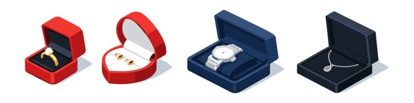 Collection of jewelry and watch in display boxes, isometric view