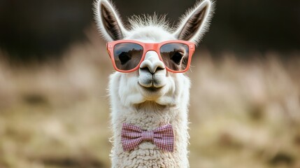Fototapeta premium Funny llama wearing sunglasses and bow tie