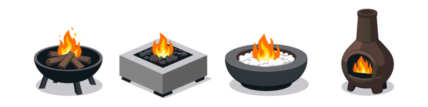 Collection of four outdoor fire pits and chiminea with flames burning