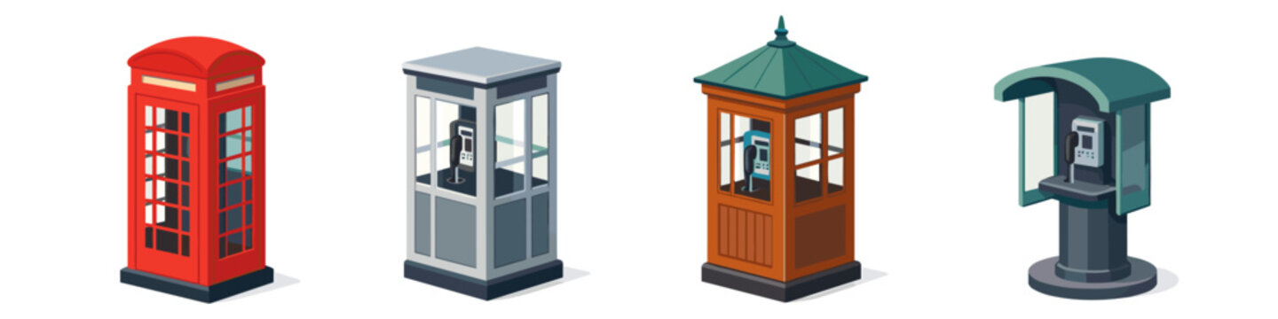 Collection of diverse vintage and modern public telephone booths in isometric view