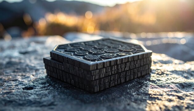 Close-up of a stacked hexagonal graphite flake structure exhibiting a dark metallic sheen on a textured outdoor surface, bathed in warm sunlight.