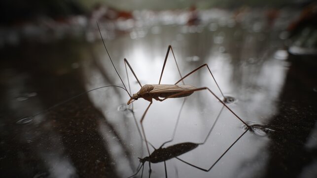 Detailed Macro View of a Water Strider Gliding on Water Surface with Reflection