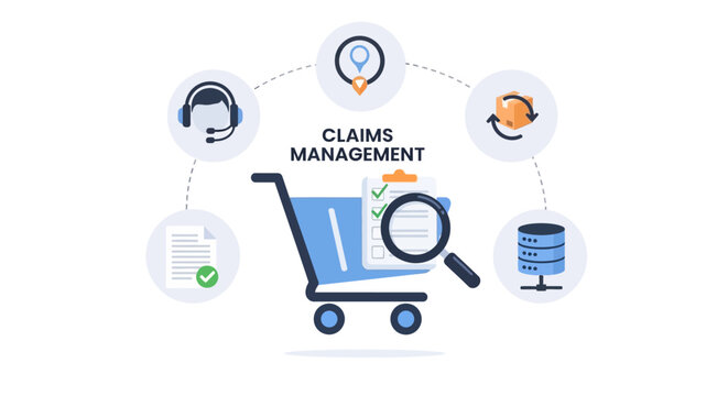 Claims Management System Workflow with Shopping Cart, Customer Support, Data & Logistics Icons