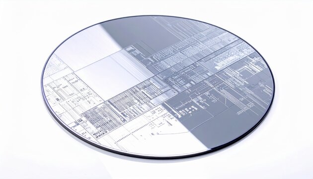 A highly polished silicon wafer, intricately etched with complex circuit patterns, reflecting a bright studio light, symbolizing cutting-edge microelectronics technology.