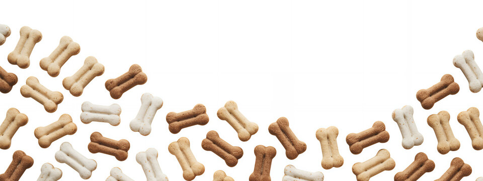 Dog treats border on white background bones pet food brown