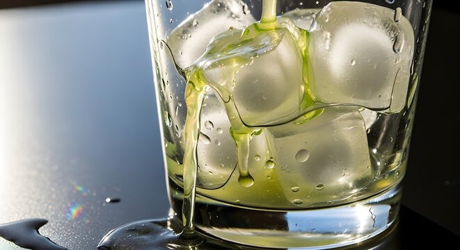 Overfilled Glass of Ice and Liquid