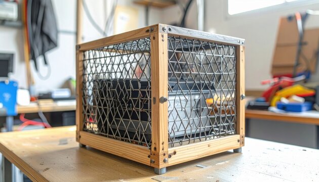 Meticulously constructed homemade Faraday cage made from metal mesh and wood, securely enclosing an item on a workshop table for electromagnetic protection.