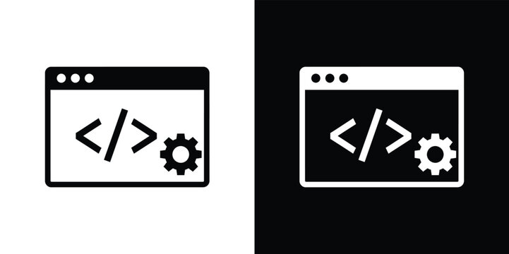 Black and white browser windows with coding symbols and gear