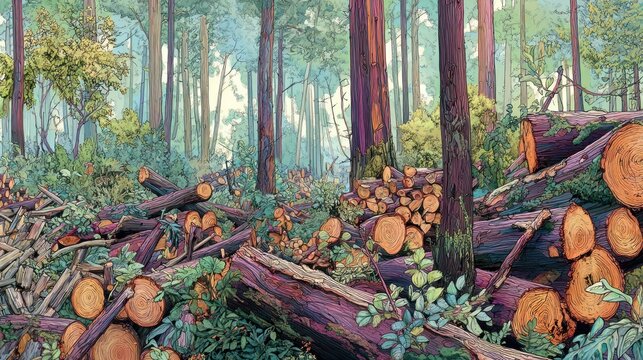 Forest landscape with felled trees and wood piles illustration
