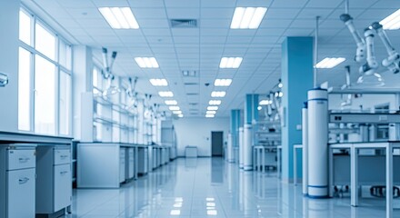 Fototapeta premium A well lit laboratory interior with various equipment and cabinets along the walls and in the foreground areas