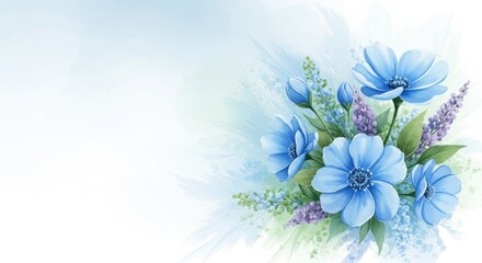 Obraz premium A beautiful bouquet of blue flowers on a soft white and blue background with green leaves and purple accents