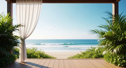 Fototapeta premium Serene beachside oasis with lush greenery and tranquil ocean waves