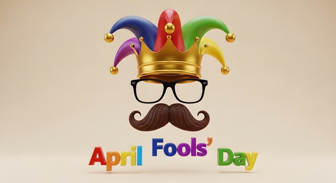 April fools day colorful jester hat with glasses and mustache on beige background
