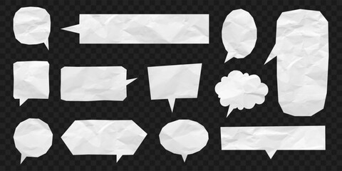 Speech bubbles made from crumpled paper texture. Different shapes speech bubble cut out from white crumpled paper on transparent background. Wrinkled empty communication bubbles. Vector.
