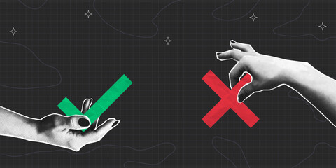 Collage halftone hands holding a green check mark and red cross. Collage design of choice, agreement and disagreement concept with checkmark and cross made from crumpled paper texture. Vector