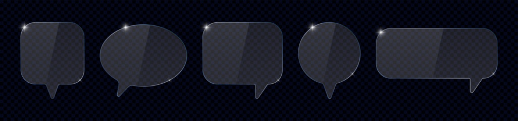 Glass speech bubbles on transparent background. Set of glass communication bubbles or chat icons. Acrylic or plexiglass blank template of quick tips or message box with light reflections. Vector