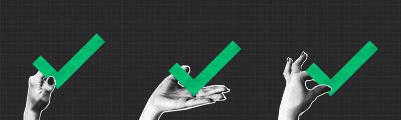 Naklejka premium Collage halftone hands holding green check mark made from crumpled paper texture. People give checkmark in hand. Collage design, concept of feedback and approved. Vector.