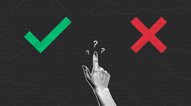 Collage halftone hand chooses between a green check mark and red cross. Collage design of choice, agreement and disagreement concept with checkmark and cross made from crumpled paper texture. Vector
