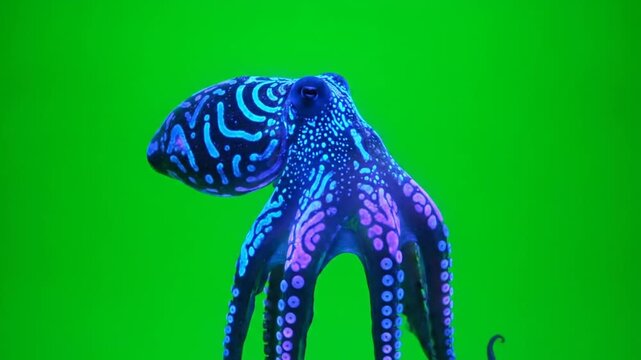 Close-up shot of a blue and purple octopus against a bright green background with intricate patterns and suckers.