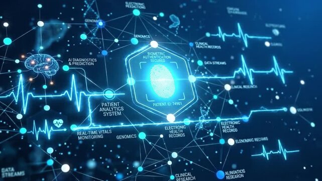 Biometric authentication fingerprint patient analytics system electronic health records digital real time monitoring AI diagnostics clinical research futuristic medical data network visualization