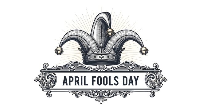 April fools day celebration emblem with jester hat and ornate design on isolated white background