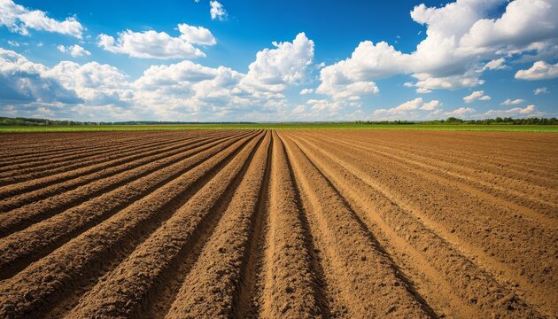 Beautiful agricultural landscape featuring freshly plowed fields under a vibrant blue sky with fluffy clouds
